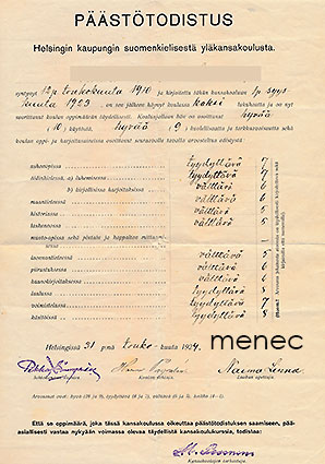 Päästötodistus Helsingin kaupungin suomenkielisestä yläkansakoulusta 