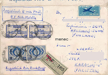 Kirjelähetys, Pakistan-Helsinki 1954, Registered Book Post 