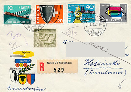 Sveitsi, kirjelähetys Suomeen 1957, kirjattu, vuositeemasarja erikoiskuorella 