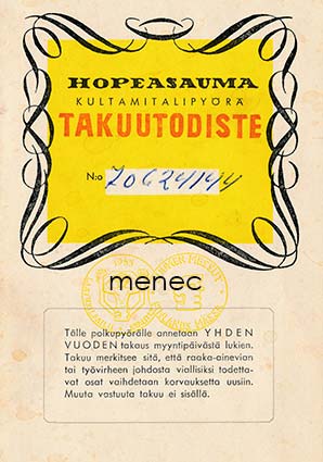 Hopeasauma-kultamitalipyörä, takuutodiste 