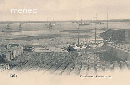 Kotka, Keisarin satama, purjealuksia ja tukkivarasto 