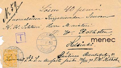 Postilähetys Pälkäneeltä Helsinkiin 1890 