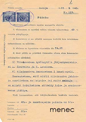 Lupa huvitilaisuuden pitämiseen toukokuussa 1945; 2 järjestysmiehen hyväksyntä ja konstaapelin komennus 