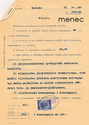 Lupa huvitilaisuuden pitämiseen syyskuussa 1945; järjestysmiesten hyväksyntä ja konstaapelin komennussoittajan 