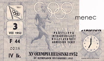 [Pääsylippu, päättäjäisjuhla] XV Olympia Helsinki 1952. Stadion F 44 3.8. IV lk 