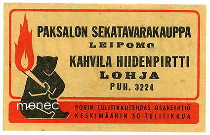 Kauppiasetiketti, Paksalon sekatavarakauppa, leipomo. Kahvila Hiidenpirtti, Lohja 