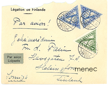 Latvia, Lentopostia Suomen lähetystöstä 1934 