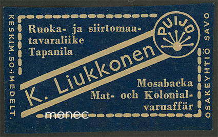 Kauppiasetiketti, K. Liukkonen, Tapanila, Helsinki 