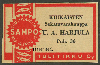 Kauppiasetiketti, Kiukaisten Sekatavarakauppa U. A. Harjula, punainen 
