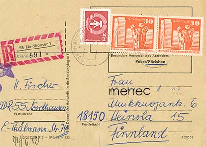 Saksa, DDR, vaakuna 1980 2M + 2x30Pf 1981, pikkupakettikortti Suomeen 