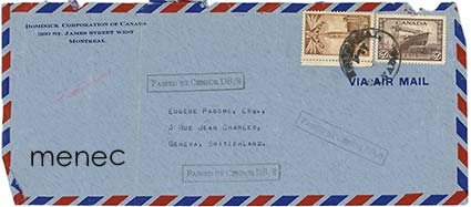 Kirje Kanadasta Sveitsiin, sotasensuurin leimat 