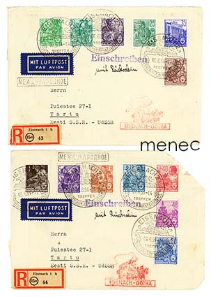 Saksa, DDR, vuoden 1953 käyttösarjaa kahdella kirjatulla lentopostikirjeellä Viroon 1954 