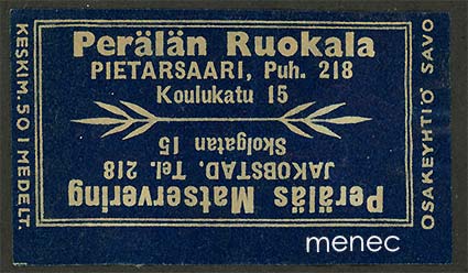 Kauppiasetiketti, Perälän Ruokala, Pietarsaari 