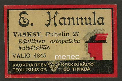 Kauppiasetiketti, E. Hannula, Vääksy 