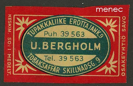 Kauppiasetiketti, Tupakkaliike U. Bergholm, Helsinki 