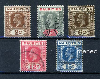 Iso-Britannia, Mauritius, käyttömerkkejä 1912-1921, 5 kpl 