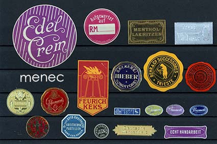 Saksa, karamelli- ym. elintarvikemainosmerkkejä, 19 kpl 