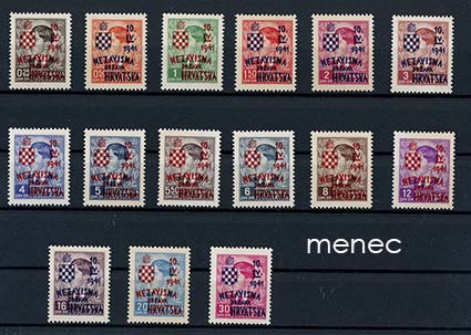 Kroatia, värilliset ylipainamat Jugoslavian merkeille 1941 
