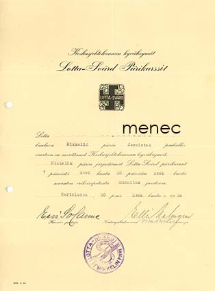 Lotta-Svärd, Piirikurssien suoritustodistus (Mikkelin piiri) 1934 