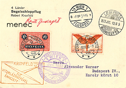 Sveitsi, hinauspurjelento Robert Kronfeld '4 Länder - Route Budapest' 8-9.7.1933 