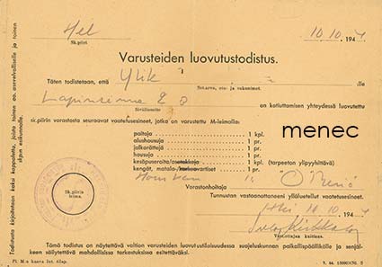 Varusteiden luovutustodistus 1944 