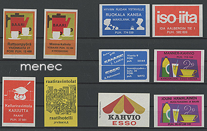 Tulitikkuetikettejä, ravitsemusliikkeitä, 10 kpl 