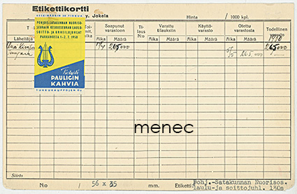 Pauligin kahvia, Parkanon laulu-, soitto- ja urheilujuhlat, tulitikkuetiketin inventointi- ja tilaustietokortti 