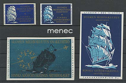 Tulitikkuetikettejä, Suomen Merivakuutus Oy, 2 pientä ja 2 isoa 