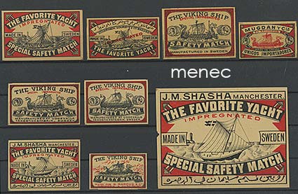 Tulitikkuetikettejä, viikinki- ym. purjeveneaiheita, Ruotsi, 9 kpl 