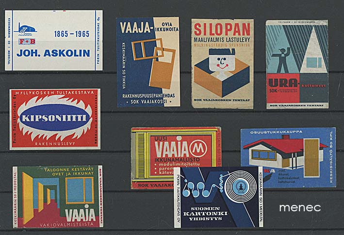 Tulitikkuetikettejä, rakennustarvikkeita, 9 kpl 