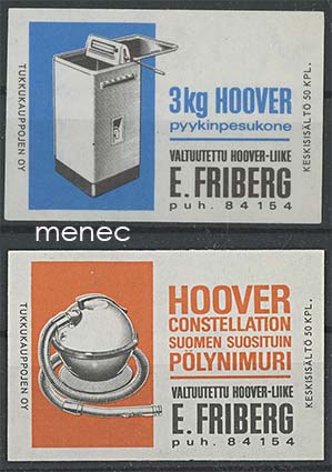 Tulitikkuetikettejä, 3 kg Hoover pyykinpesukone / Constellation pölynimuri 