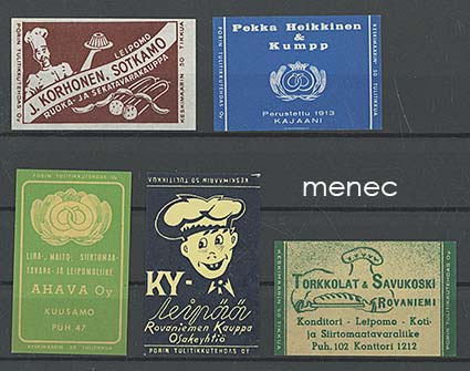 Tulitikkuetikettejä, pohjoisen leipomoita, 5 kpl 