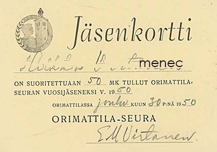 Orimattila-seuran jäsenkortti 