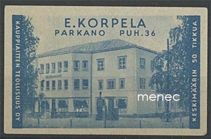 Tulitikkuetiketti, E. Korpela, Seurahuone, Parkano 