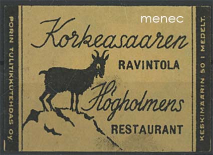 Tulitikkuetiketti, Korkeasaaren Ravintola, Helsinki 