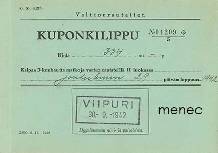Rautateiden kuponkilipun kotelo 1942 