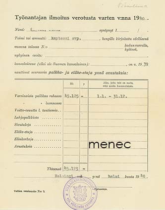 Työnantajan ilmoitus verotusta varten 1940 