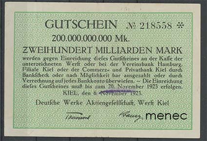 Saksa, pularaha 200 miljardia markkaa 1923, Kiel, Deutsche Werke 
