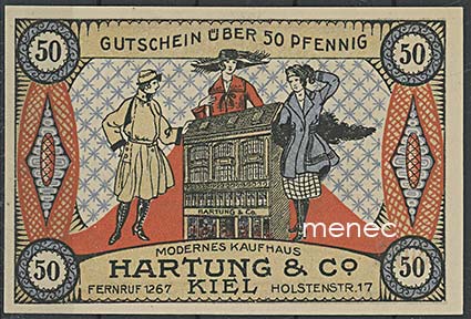 Saksa, pularaha 50 Pf 1919, Kaufhaus Hartung & Co, Kiel 