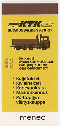 Tulitikkuetiketti, litteä, Suomussalmen KTK Oy 