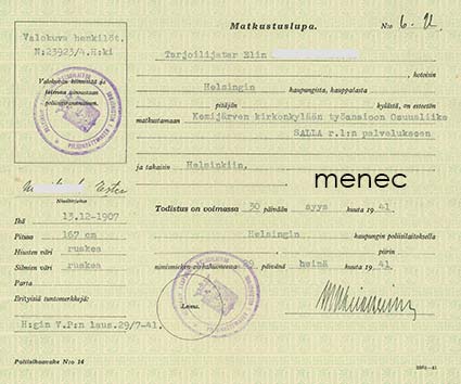 Matkustuslupa heinäkuussa 1941 tarjoilijalle, Kemijärvelle Salla Oy:n palvelukseen 