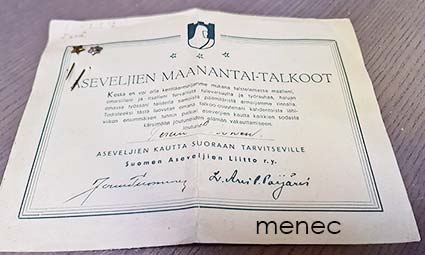Aseveljien Liitto, 2 maanantaitalkoomerkkiä ja adressi 