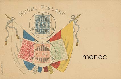 Suomalaisen postimerkin muistoksi, lippuaihe, 10 kpl [ruotsi - suomi - venäjä -postikorttitausta] 