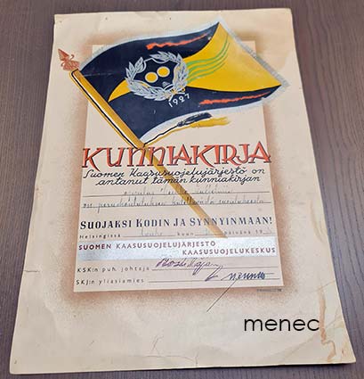 Kunniakirja väestönsuojelun peruskoulutuksen kiitettävästä suorituksesta 1938 