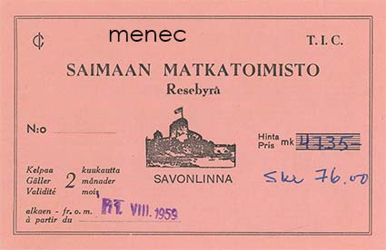 Saimaan Matkatoimisto, Savonlinna, rautatielippu 1959 