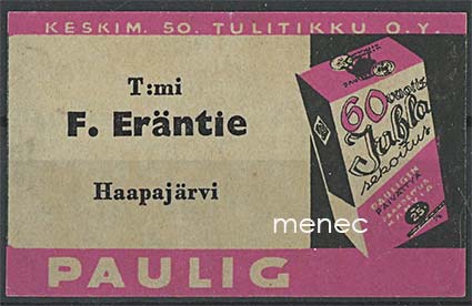 Kauppiasetiketti, T:mi F. Eräntie, Haapajärvi 