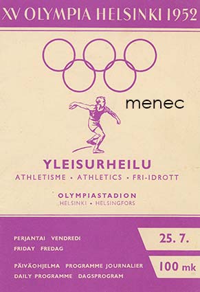 XV Olympia Helsinki 1952. Yleisurheilu, Olympiastadion perjantai 25.7. Päiväohjelma 