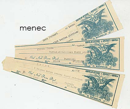 Kouvolan Apteekki O. Mannelin, kolme reseptilipuketta 