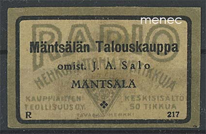 Kauppiasetiketti, Mäntsälän Talouskauppa, omist. J. A. Salo 