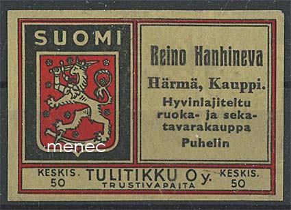 Tulitikkuetiketti, Reino Hanhineva, Härmä, Kauppi 